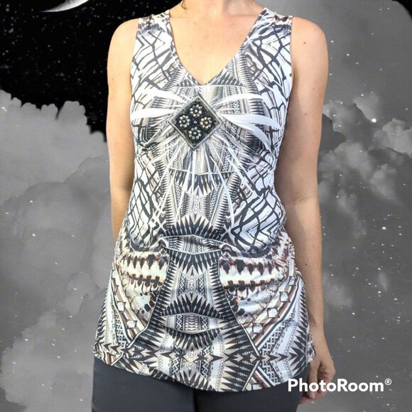 NWT Apt. 9 Printed Sleeveless Blouse Beaded Applique Small Gray White - Picture 1 of 8